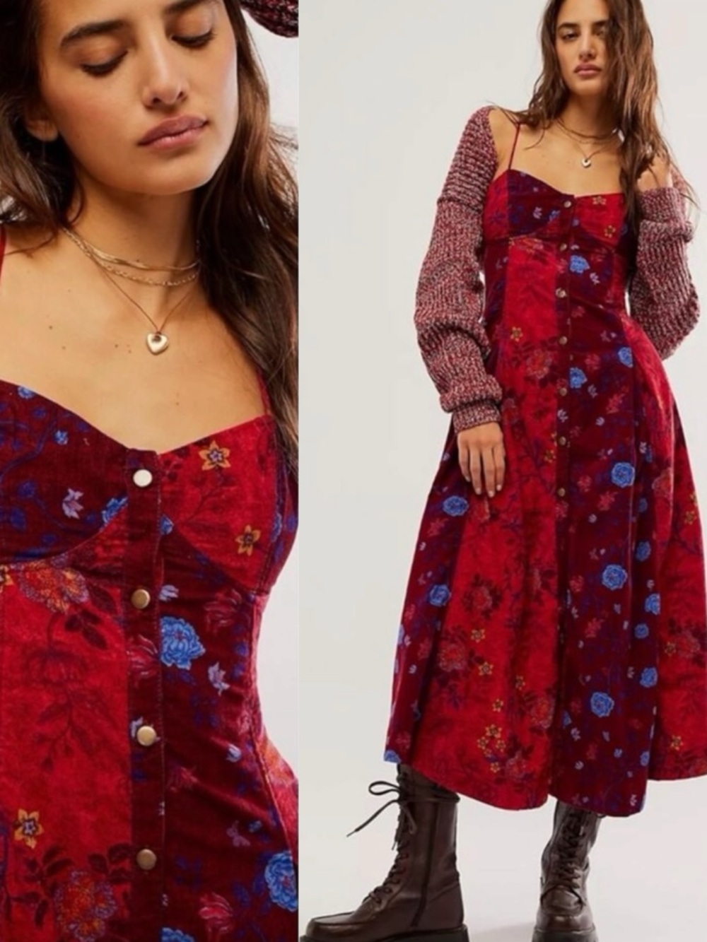 Free People Bohemian Grunge Witchy Corduroy Gail Midi Dress Scarlet Combo Small